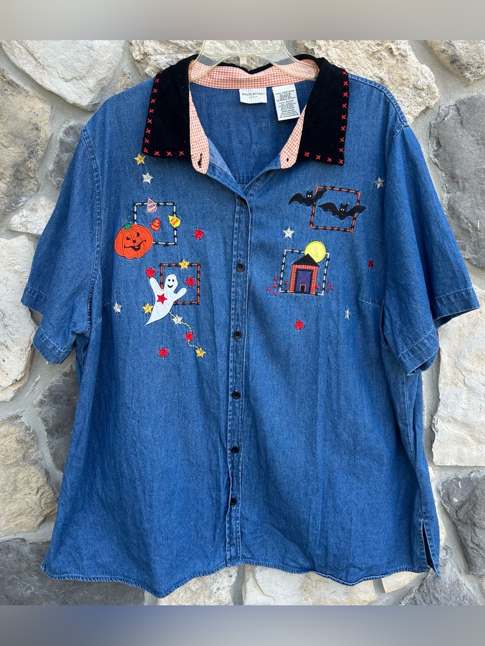 Vintage Denim Halloween Shirt Size 3X (22/24) Embroidered Button Up Novelty Fall